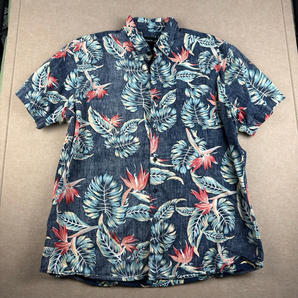Molokai Surf Hawaiian Shirt XL Blue Floral Leaves Paradise‎ Button Front Cotton